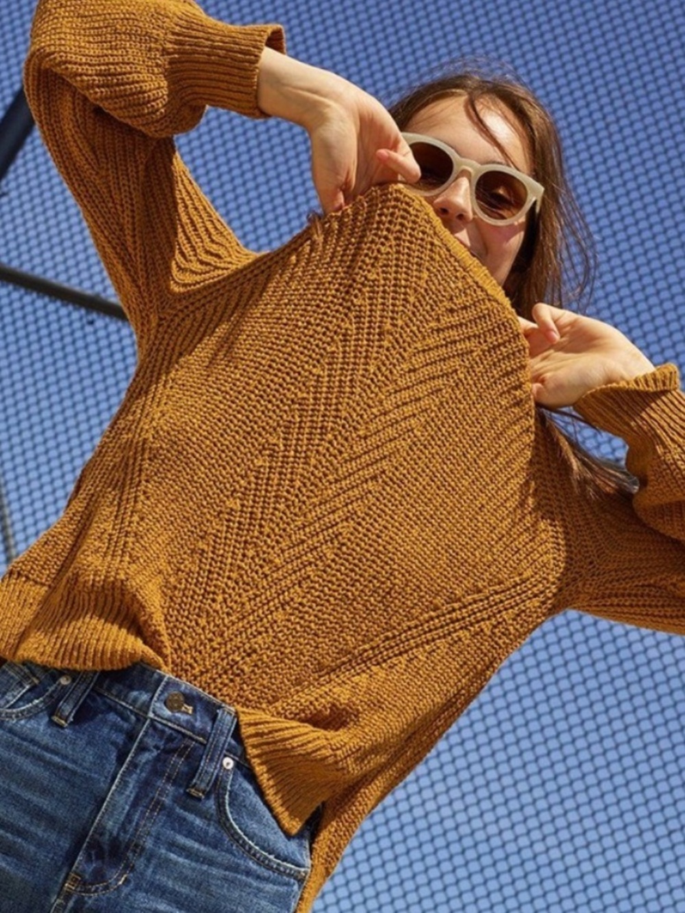 Madewell Boxy Cotton Balloon Sleeve Sweater Brown XL